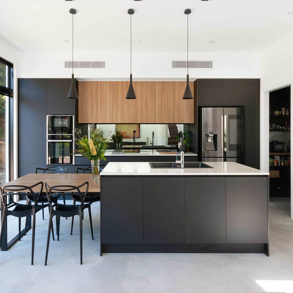 Allandcabinet Modern Customized Frameless Matt Lacquer Kitchen Cabinet With Clean Handleless Look with Two Tone Dark Grey Wood