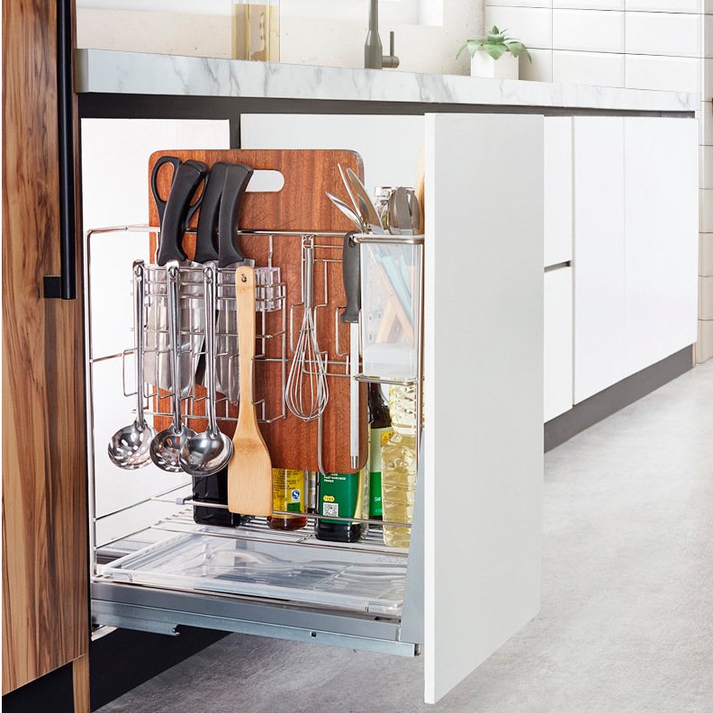 Kitchen Cabinet Accessories Multipurpose Drawer Basket Organizer Stainless Steel Pull Out Seasoning Basket