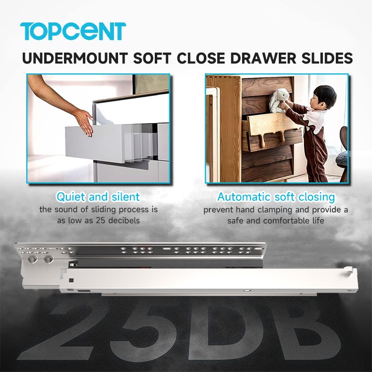 Topcent Ball Bearing Drawer Slide Soft Closing Undermount Doble Wall Tendam Box Kitchen Slim Box Cabinet