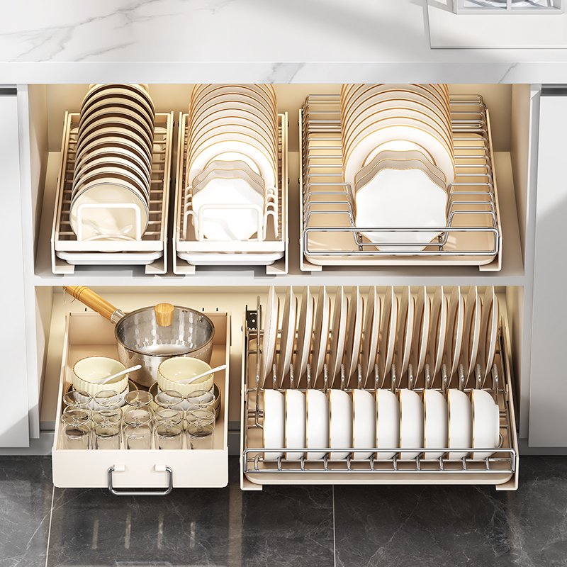 Stainless Steel Pull-Out Dish Rack Kitchen Sink Cabinet Organizer with Sliding Drawer Dryer Rack Bowl Dish Drainer Holder