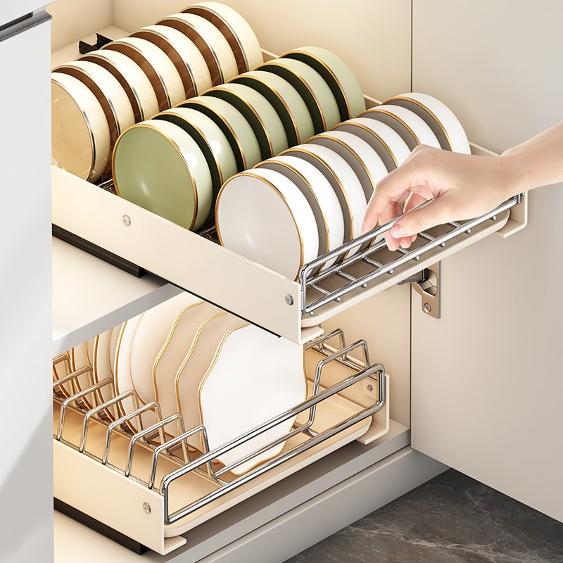 Stainless Steel Pull-Out Dish Rack Kitchen Sink Cabinet Organizer with Sliding Drawer Dryer Rack Bowl Dish Drainer Holder