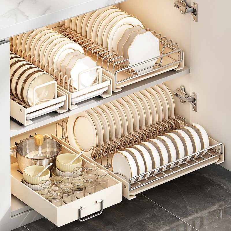 Stainless Steel Pull-Out Dish Rack Kitchen Sink Cabinet Organizer with Sliding Drawer Dryer Rack Bowl Dish Drainer Holder