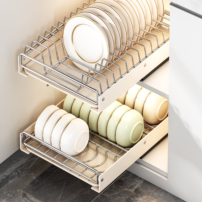 Stainless Steel Pull-Out Dish Rack Kitchen Sink Cabinet Organizer with Sliding Drawer Dryer Rack Bowl Dish Drainer Holder