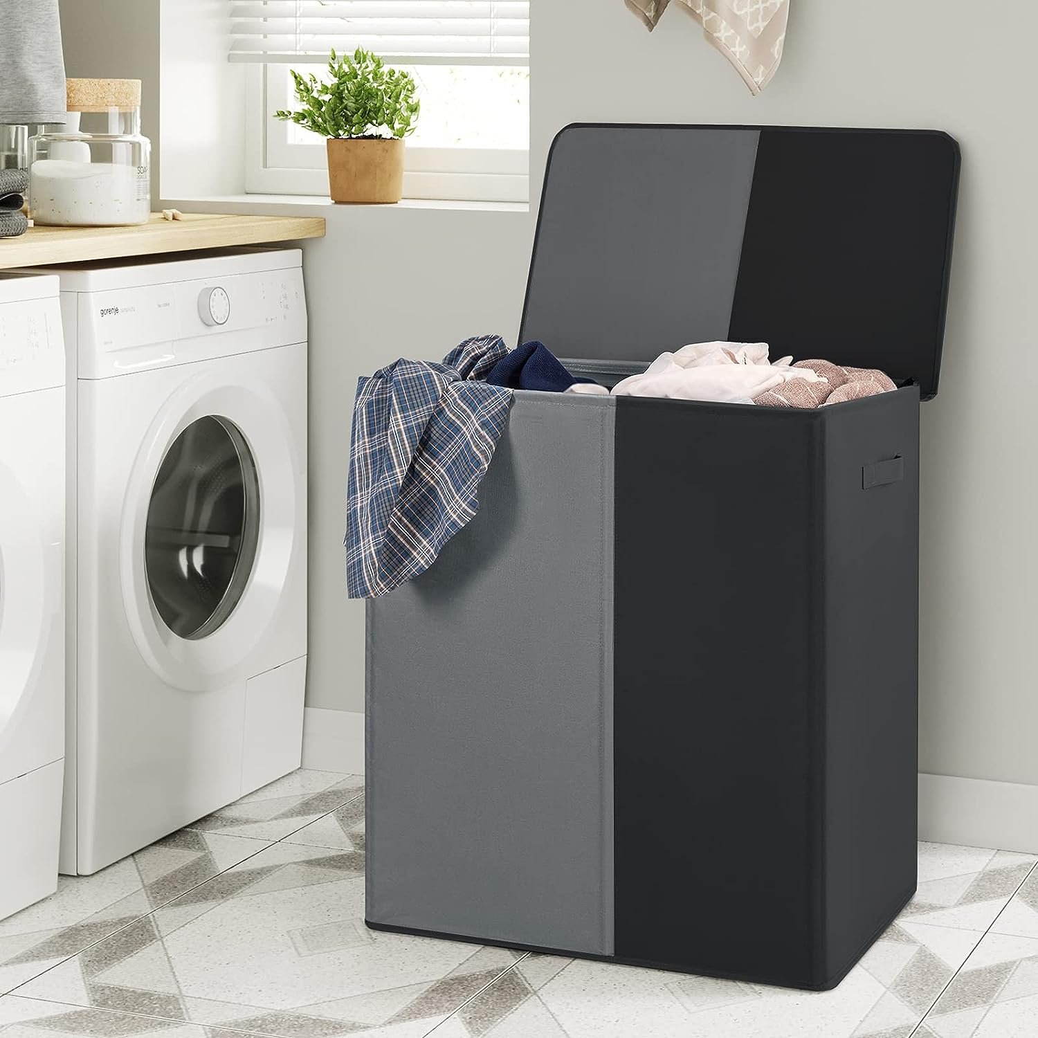 Two-color patchwork household laundry basket Flip-top laundry basket with handle Foldable laundry basket