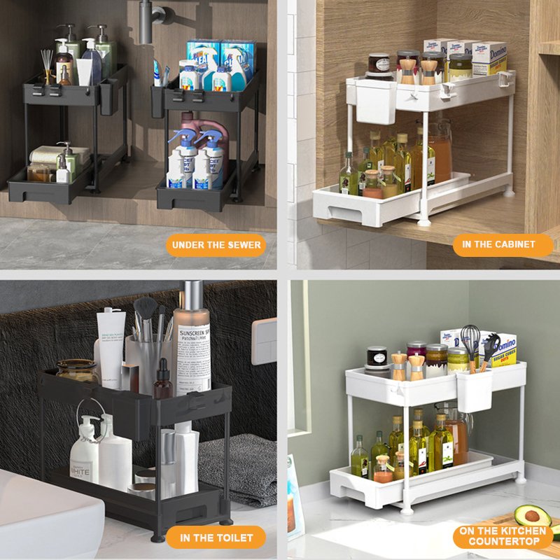 New 2 Pack Sliding Cabinet Basket Organizer Drawers Stainless Tall Unit Pull Out Basket Spice Rack Under Sink Organizer Rack
