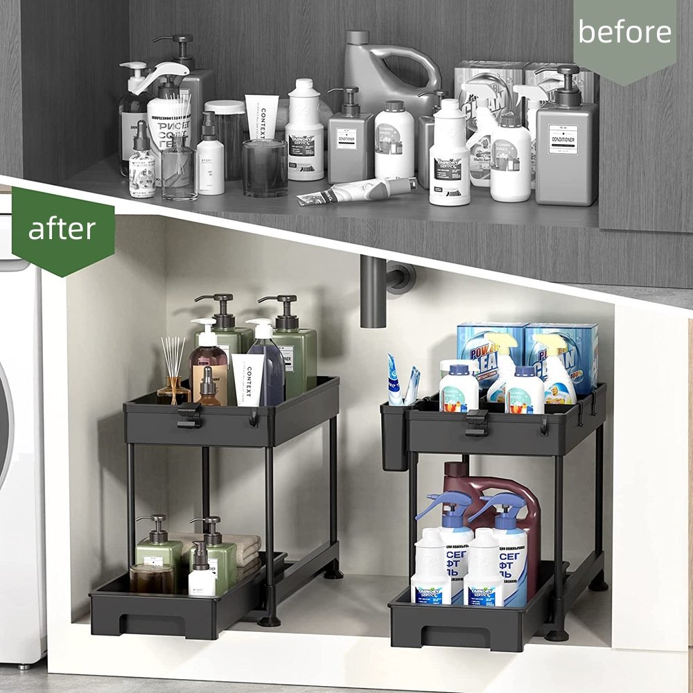 2-Tier Cabinet Basket Organizer Drawer Waterproof Space-saving Metal Storage Rack Under Sink Simple Houseware