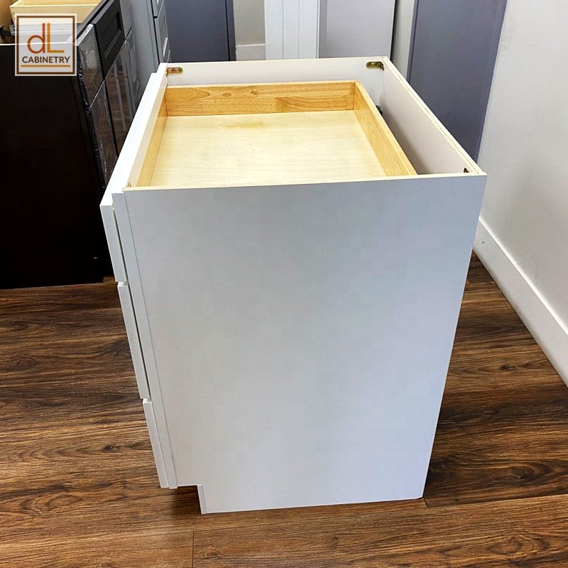 American Standard Size Stock White Paint Shaker Kitchen Base Cabinet With Dovetail Structure Tooth Pick Wood Soft Close Drawers