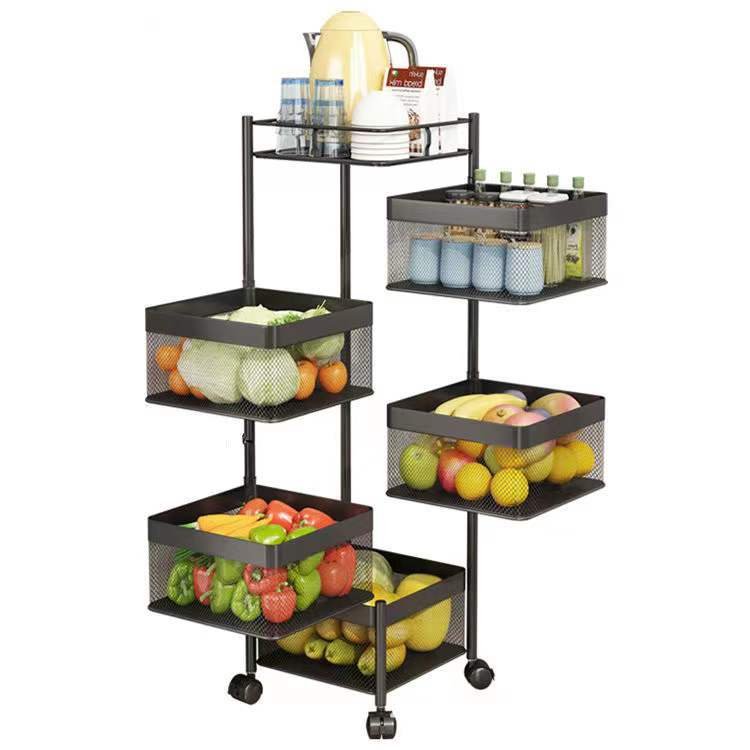 Factory wholesale Rotating Shelf 360 Degree Square shape Baskets Storage Rack Floor Multi-function Kitchen Cart