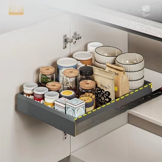 Aluminum Multi-Function Pull-Out Storage Rack Punch-Free Drawer Kitchen Cabinet Interior Renovation Organizer Seasoning Basket