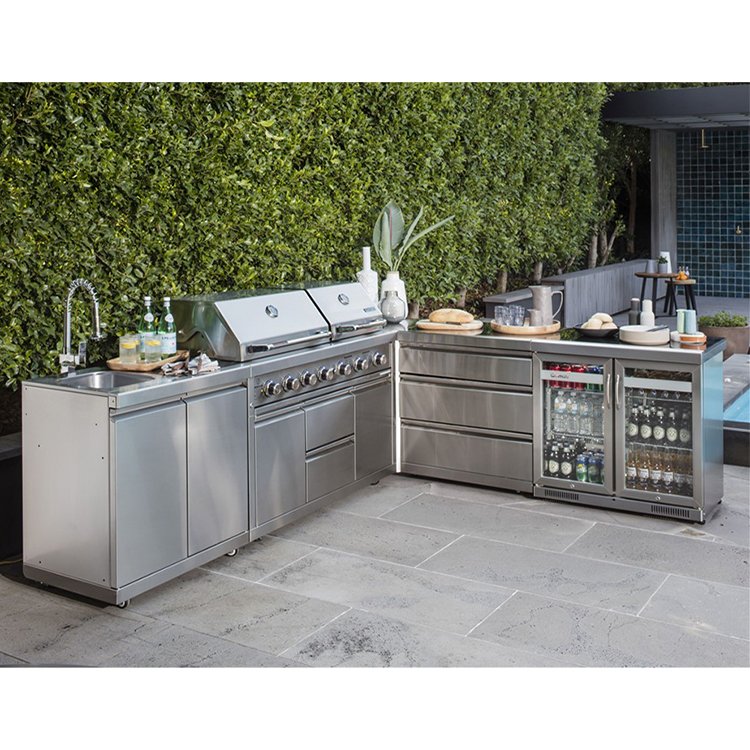 Modern outdoor free standing water resistant 304 ss stainless steel bbq kitchen cabinet set with double sink