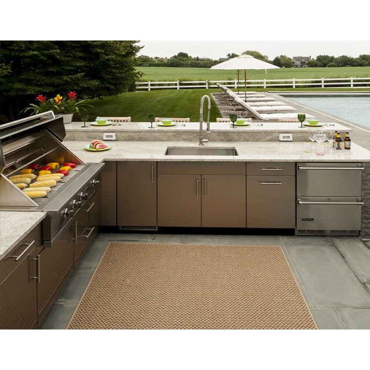 Modern outdoor free standing water resistant 304 ss stainless steel bbq kitchen cabinet set with double sink