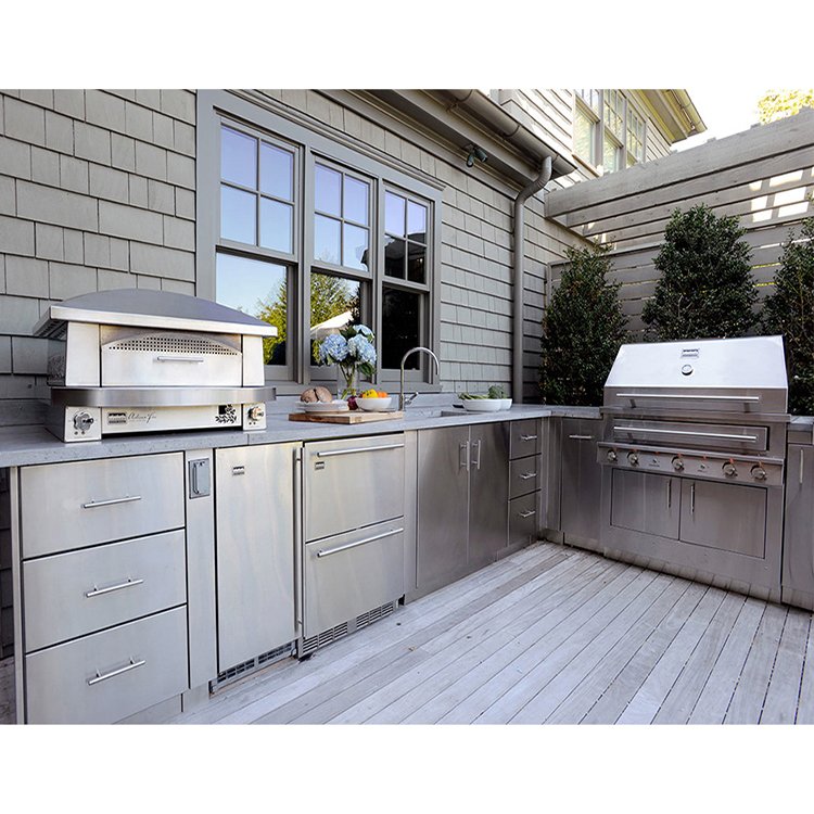 Modern outdoor free standing water resistant 304 ss stainless steel bbq kitchen cabinet set with double sink