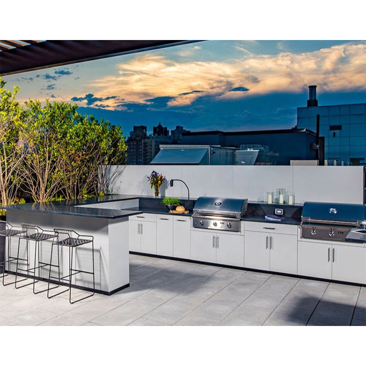 Modern outdoor free standing water resistant 304 ss stainless steel bbq kitchen cabinet set with double sink