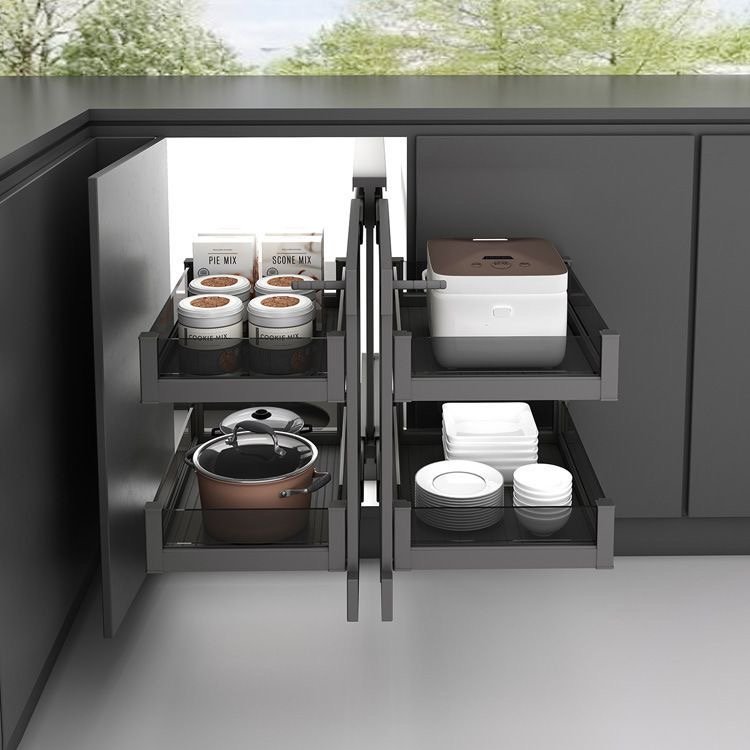 Height Adjustable Load-bearing 80kg Corner Full Pull Out Basket Built-in Tempered Glass Drawer Shelf