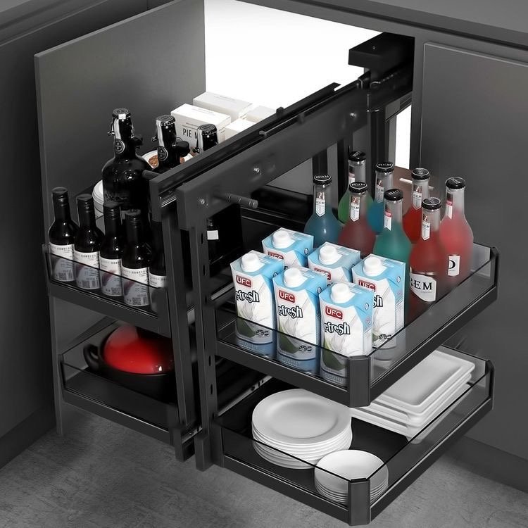 Height Adjustable Load-bearing 80kg Corner Full Pull Out Basket Built-in Tempered Glass Drawer Shelf