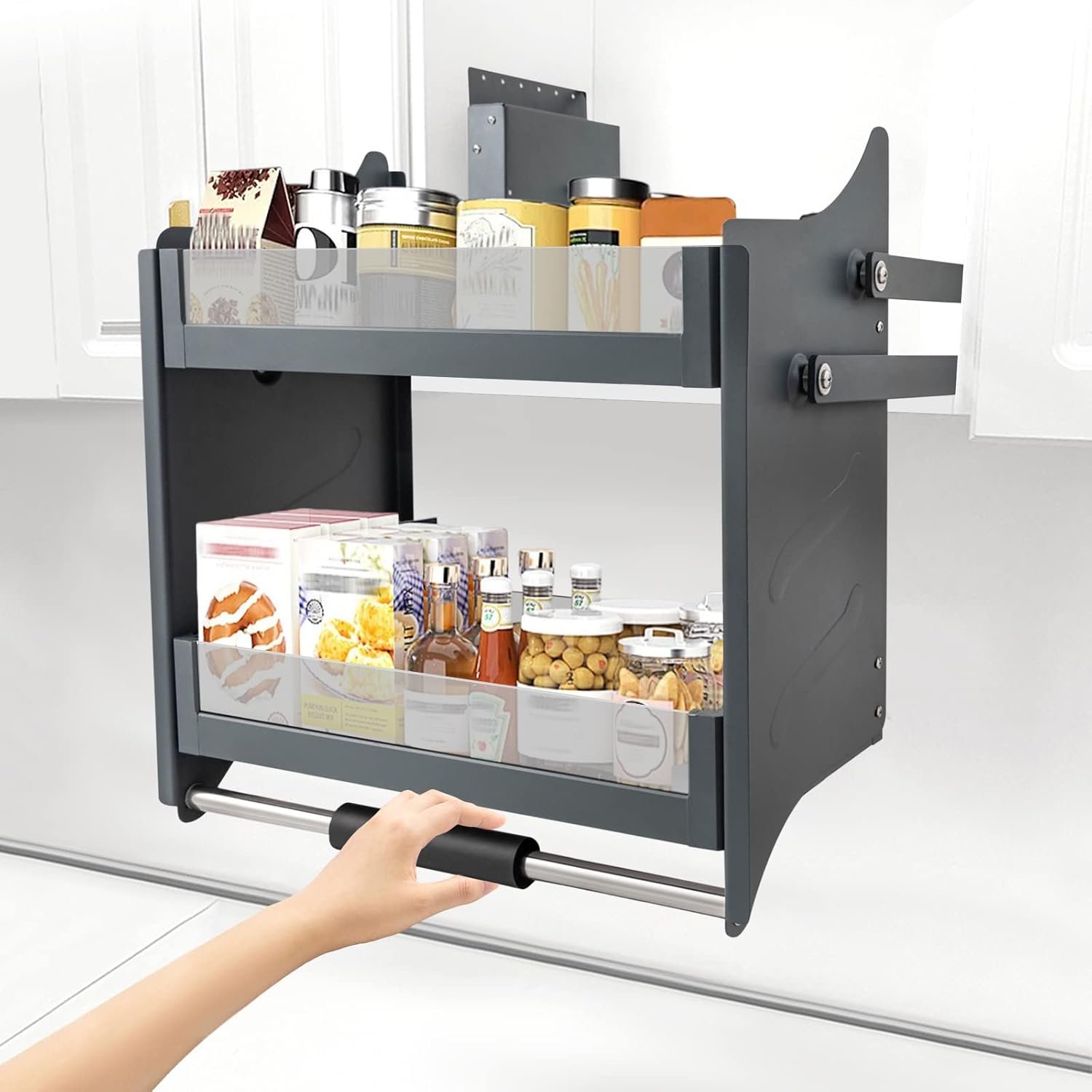Height Adjustable Load-bearing 80kg Corner Full Pull Out Basket Built-in Tempered Glass Drawer Shelf