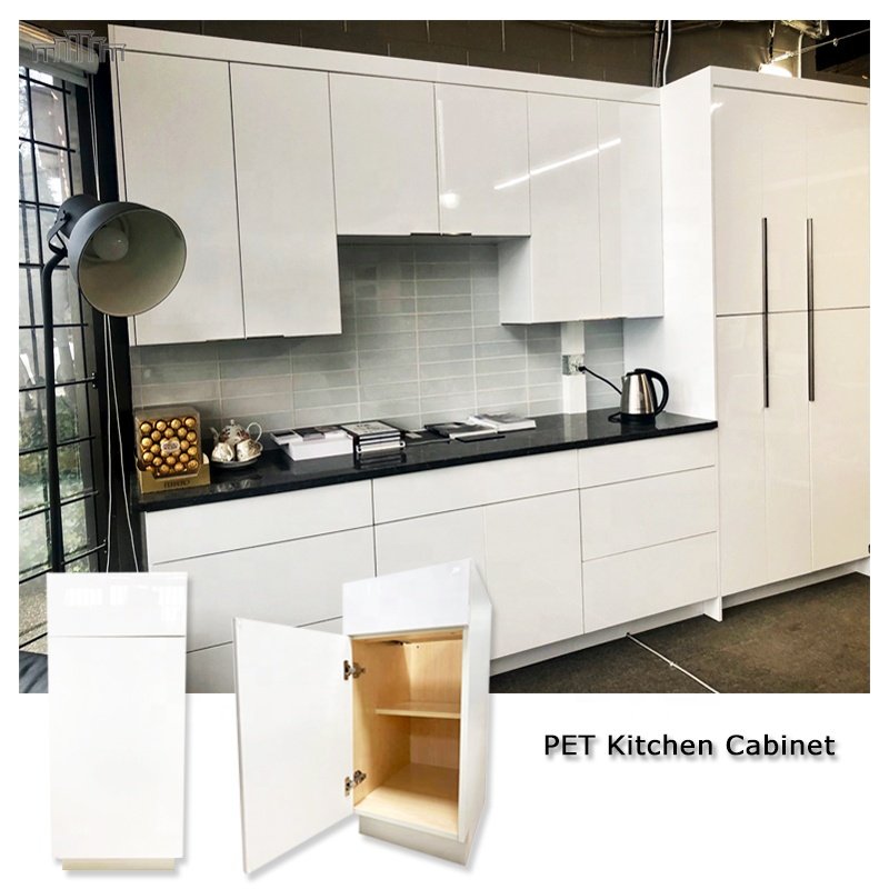 Wholesale Apartment Complete Sets Cabinetry PET High Gloss MDF Flat Panel Full Overlay Frameless Slab Door Kitchen Cabinets