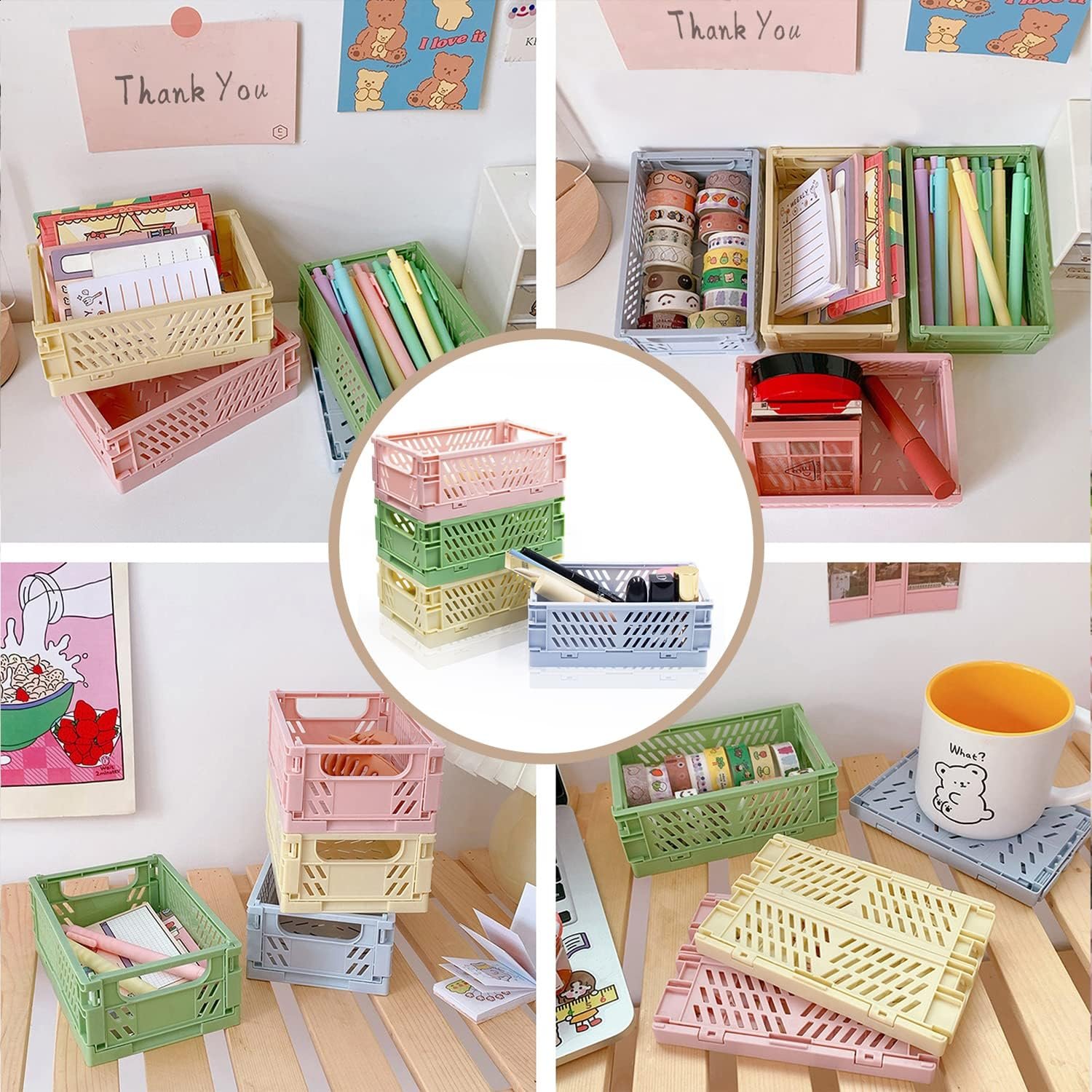 Small Plastic Baskets Folding Colorful Crates for Bedroom Office Classroom Desktop Drawer Decorative Organizers