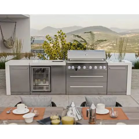 2024 Dorene Premium Rust-Resistant Stainless Steel Outdoor Kitchen Island Modern Style Built-in Fridge Soft Close Hinge