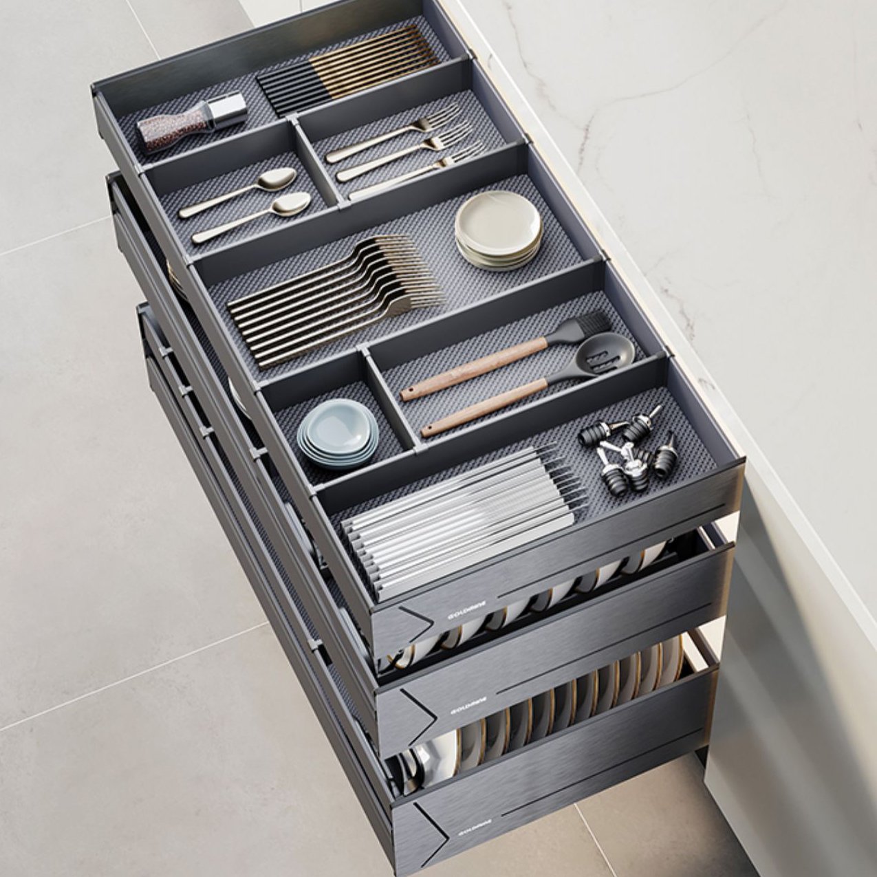 Goldmine 3 layers Best Selling Products Kitchen Drawer Plate Organizer Sliding 4 Sides Basket Pull Out Dish Rack Drawer