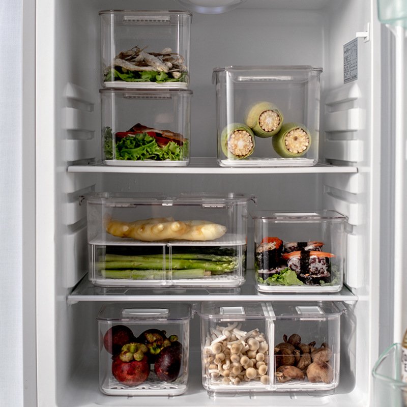 3 Piece Set Stackable Refrigerator Organizer Keeper Drawers Bins Baskets with Lids and Removable Drain Tray for Veggie
