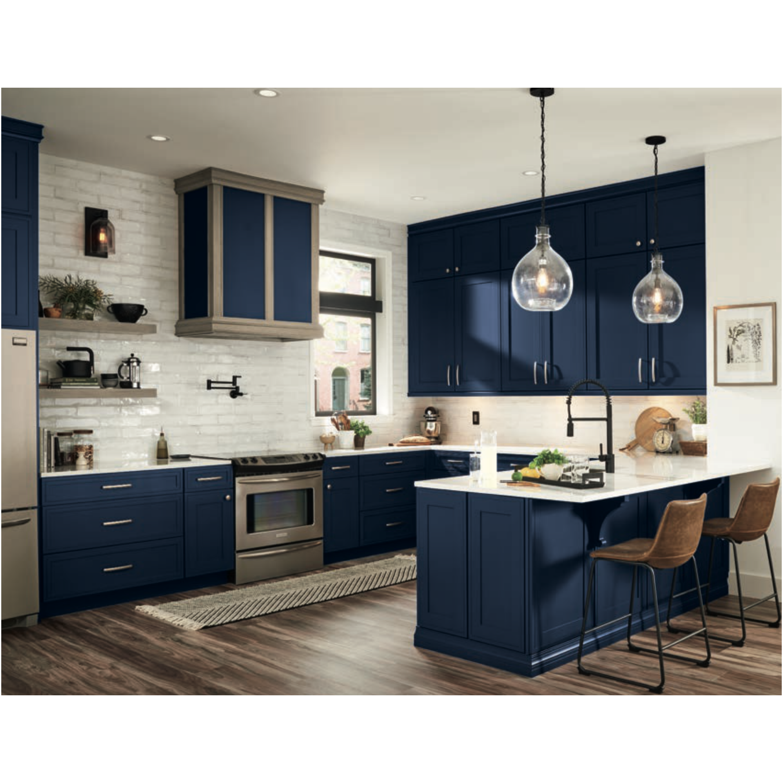 2023 SKYLINE Customized American Morden Navy Blue U Shape Quartz Top High Glossy Finish Top Selling Household Kitchen Cabinet