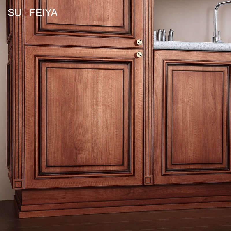 Suofeiya Unique Royal Modular Kitchen Furniture Red Gloss Solid Wood PVC Kitchen Units Cabinet Sets