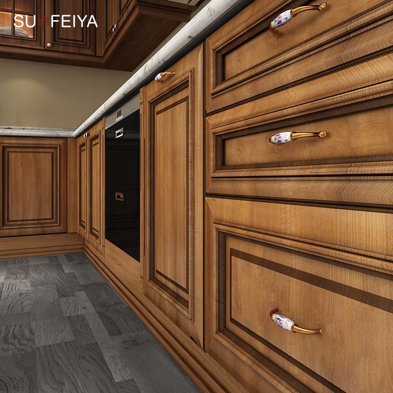 Suofeiya Unique Royal Modular Kitchen Furniture Red Gloss Solid Wood PVC Kitchen Units Cabinet Sets