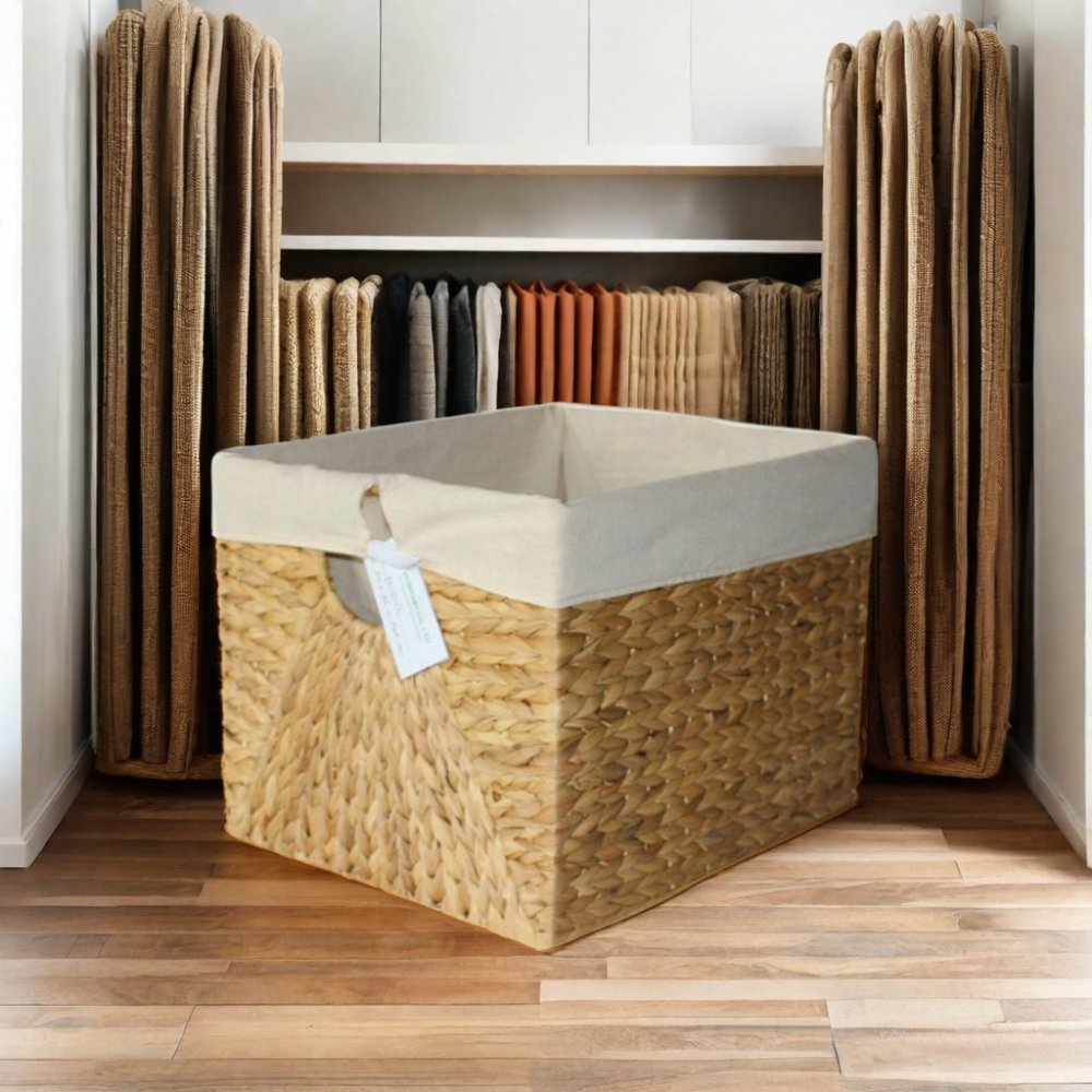 Set of Three Mixed Weave Water Hyacinth Baskets with Ring Hole Handle and Liner Cloth Organizer for Clothing Storage HO-2055