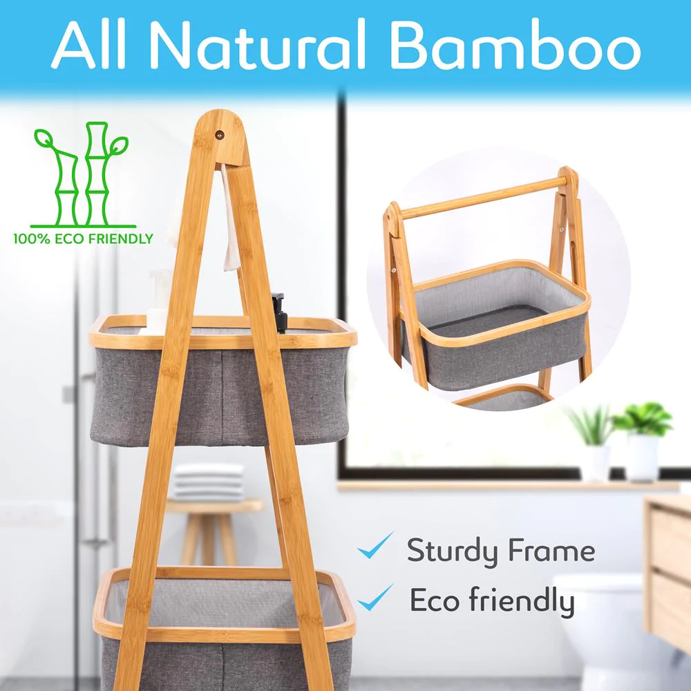 Custom Bamboo Shelf with Storage Hamper 2 Section Rolling Storage Shelf Drawers Basket and 4 Wheels Home Furniture Unit 4 Fabric