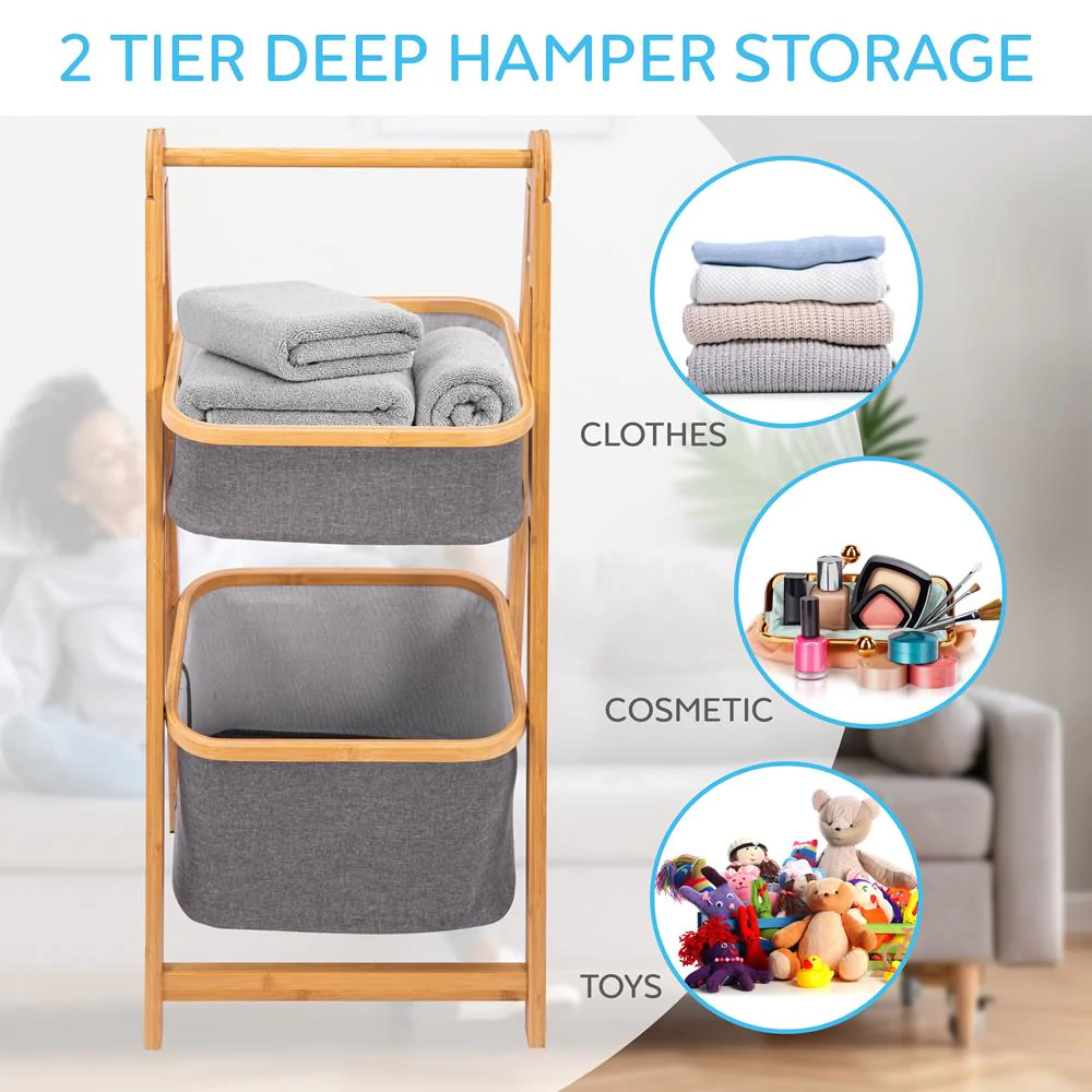 Custom Bamboo Shelf with Storage Hamper 2 Section Rolling Storage Shelf Drawers Basket and 4 Wheels Home Furniture Unit 4 Fabric