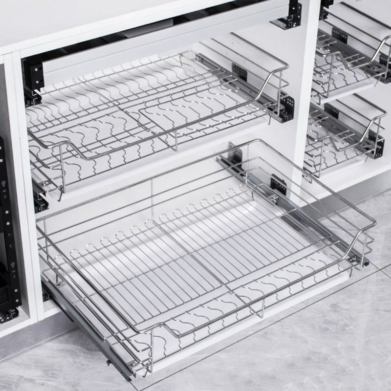 Kitchen Organizer Cabinet Pull Out Under Sliding Dish Cabinet Wire Basket Organizer Ball-Bearing System Smooth Sliding Drawer