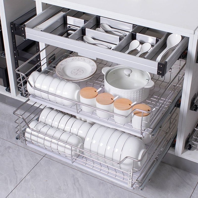 Kitchen Organizer Cabinet Pull Out Under Sliding Dish Cabinet Wire Basket Organizer Ball-Bearing System Smooth Sliding Drawer