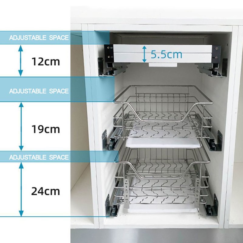 Kitchen Organizer Cabinet Pull Out Under Sliding Dish Cabinet Wire Basket Organizer Ball-Bearing System Smooth Sliding Drawer