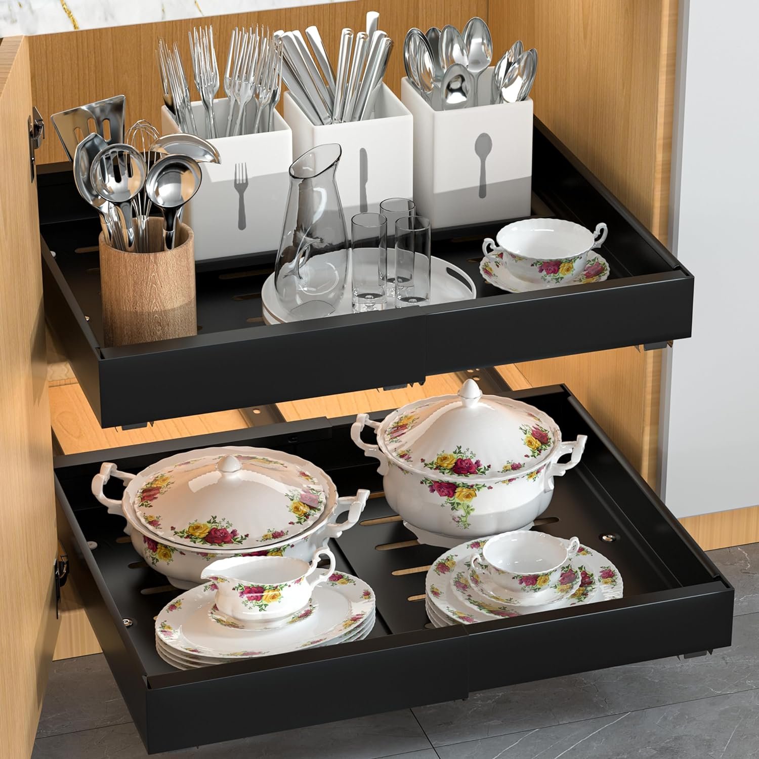 Adjustable Width 12.2"-20.47" Kitchen Cabinets Expandable Pull Out Shelves Pantry Organizer Slide Drawers Basket Organizer