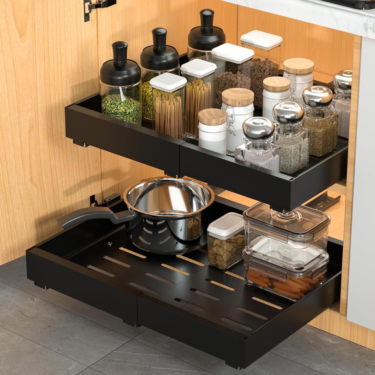 Adjustable Width 12.2"-20.47" Kitchen Cabinets Expandable Pull Out Shelves Pantry Organizer Slide Drawers Basket Organizer