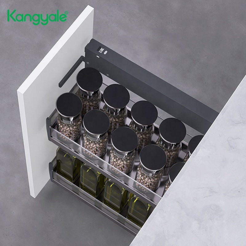 Kangyale Kitchen Cabinet Multifunction Pull Out Side Mount Glass Bottle Basket Double Spice Rack Organizer