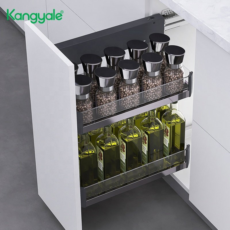 Kangyale Kitchen Cabinet Multifunction Pull Out Side Mount Glass Bottle Basket Double Spice Rack Organizer