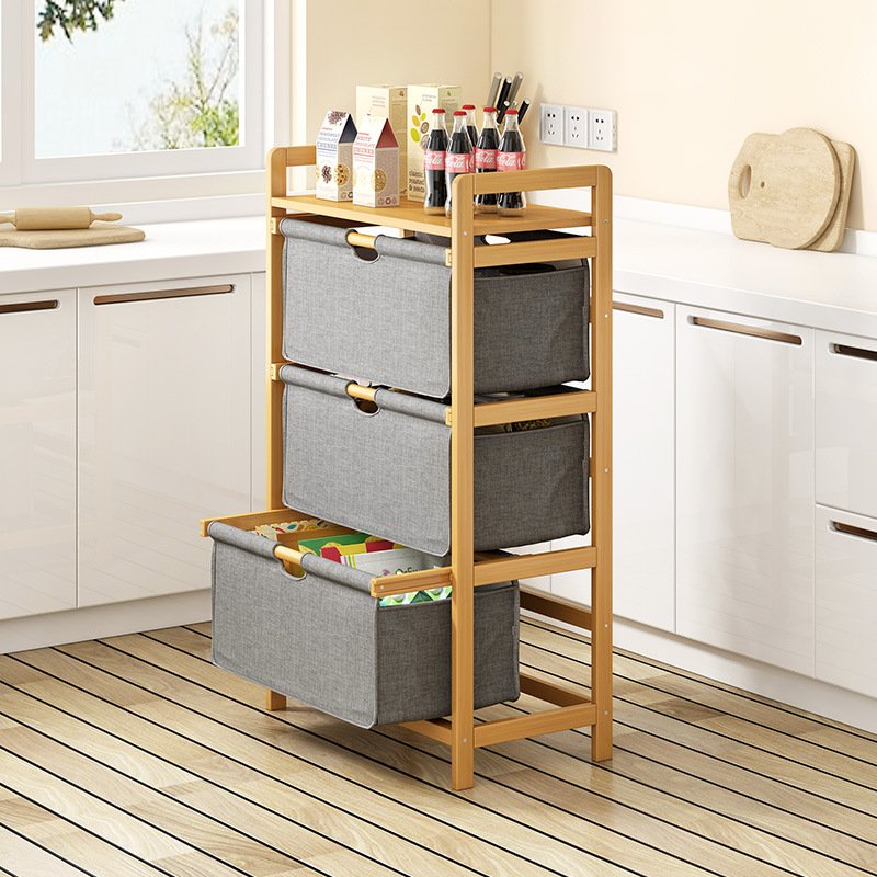 Multi-layer bamboo frame fabric organizer with table top in bedroom bathroom closet