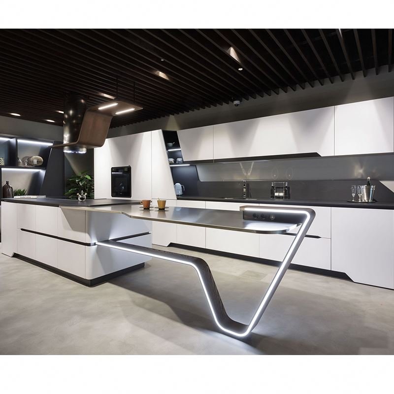 Realgres Custom Curved Kitchen Island Wooden Unit Designs Smart Cupboard Black Complete Kitchen Cabinets
