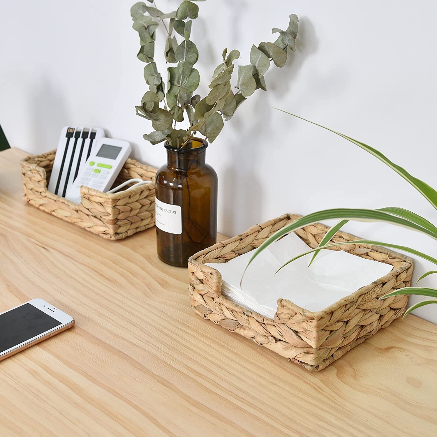 New Design Handle Food Basket HandWoven Rectangle Washroom Storage White Nordic Water Hyacinth Tray