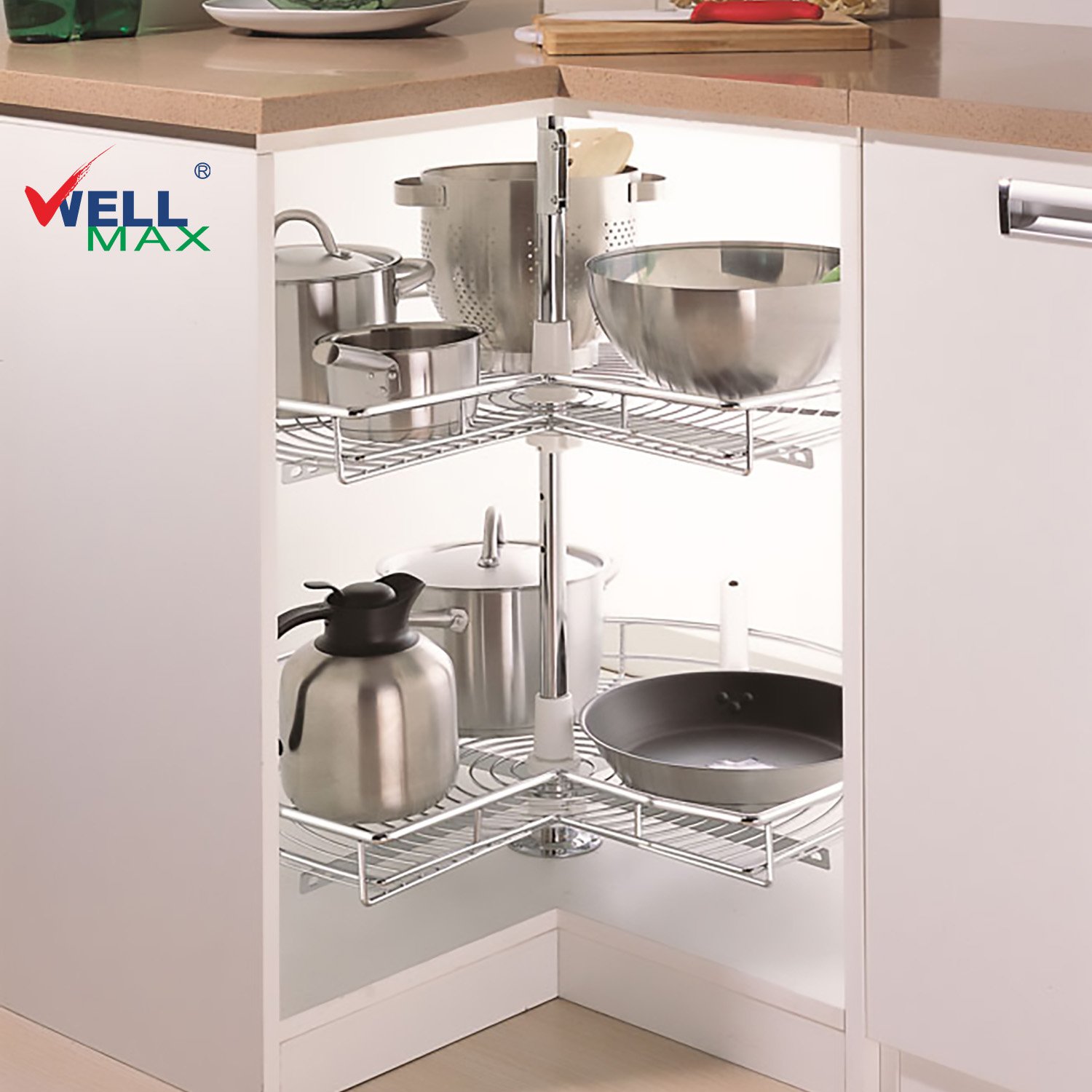 WELLMAX Cabinet Corner Basket Kidney Shaped Lazy Susan Magic Corner Cabinet Slide Out Storage Drawer Basket Kitchen Magic Corner