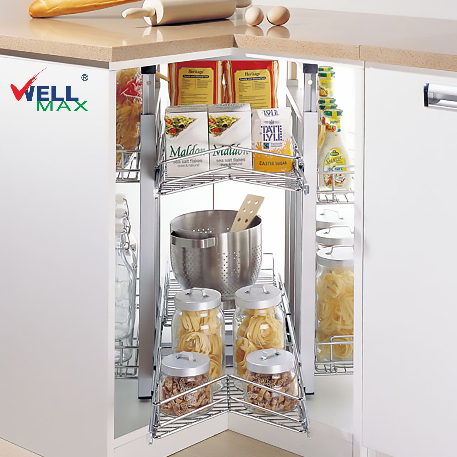 WELLMAX Cabinet Corner Basket Kidney Shaped Lazy Susan Magic Corner Cabinet Slide Out Storage Drawer Basket Kitchen Magic Corner