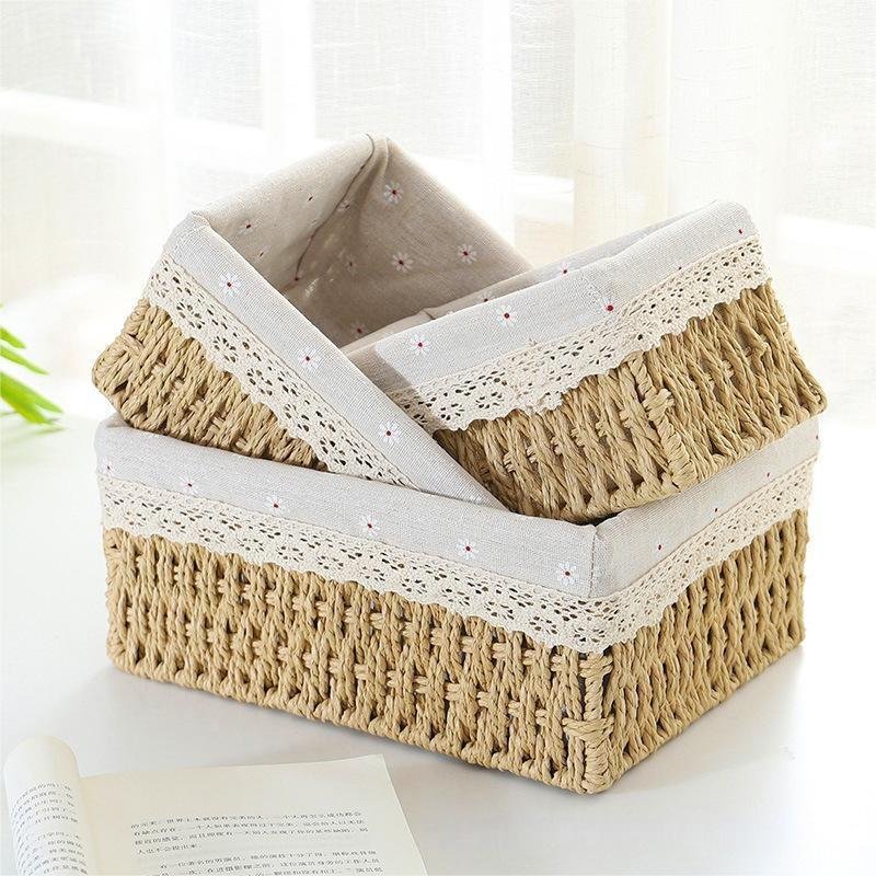 Hand-woven Nesting Wicker Seagrass Cube Storage Bins Wicker Storage Baskets with Liner for Shelves Organizing Decor