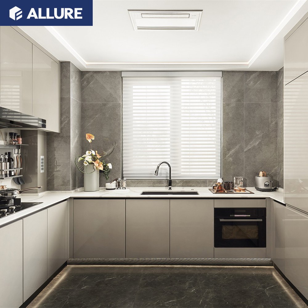 Allure Smart Pink Color High Glossy Lacquer Door with Handless Design full one kitchen cabinets ready to assemble