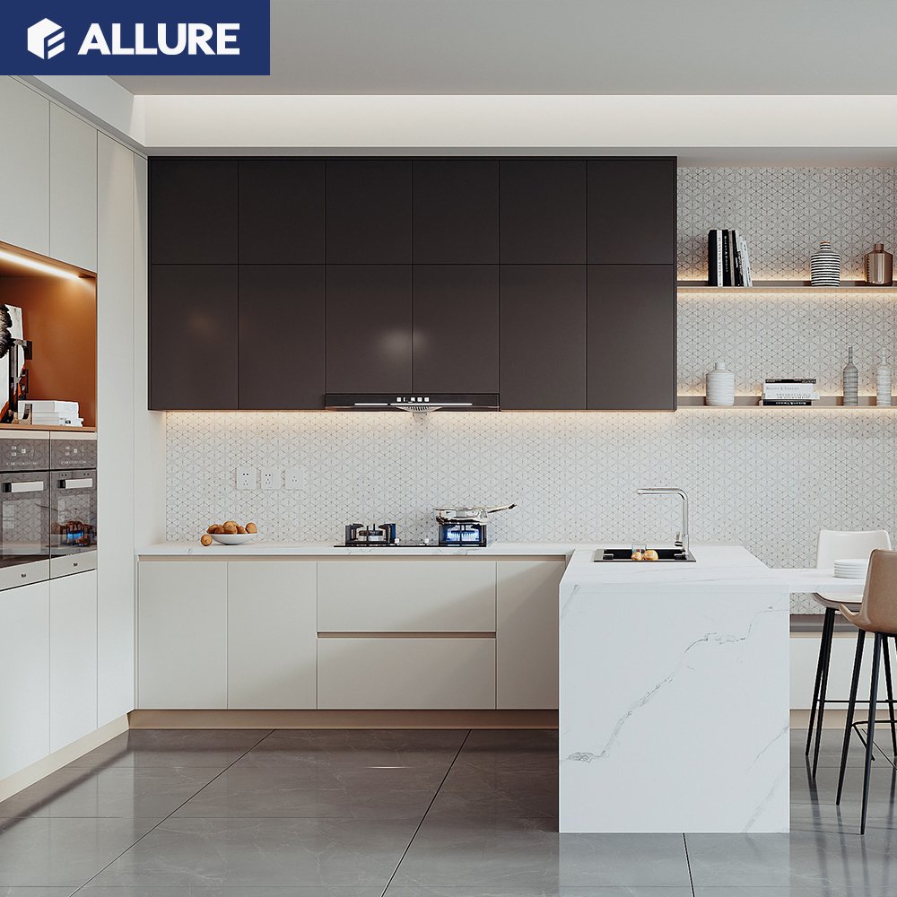 Allure Smart Pink Color High Glossy Lacquer Door with Handless Design full one kitchen cabinets ready to assemble