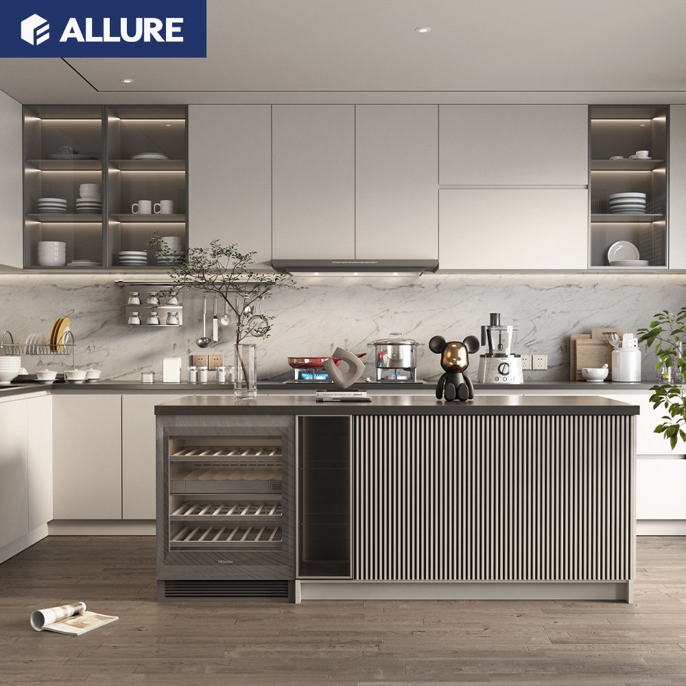 Allure Smart Pink Color High Glossy Lacquer Door with Handless Design full one kitchen cabinets ready to assemble