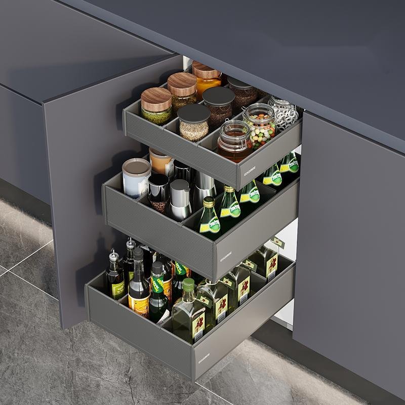Seasoning Pull Out Basket Kitchen Cabinet Basket Premium Grey Color Seasoning bottles 3-drawers combination pullout drawers
