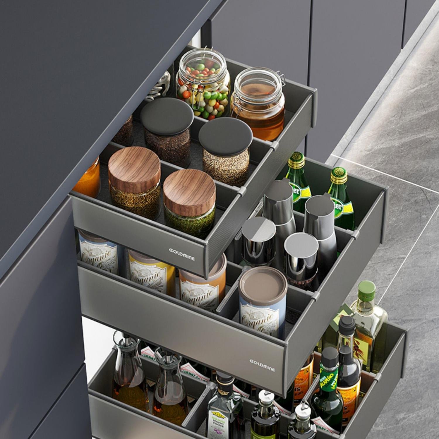 Seasoning Pull Out Basket Kitchen Cabinet Basket Premium Grey Color Seasoning bottles 3-drawers combination pullout drawers