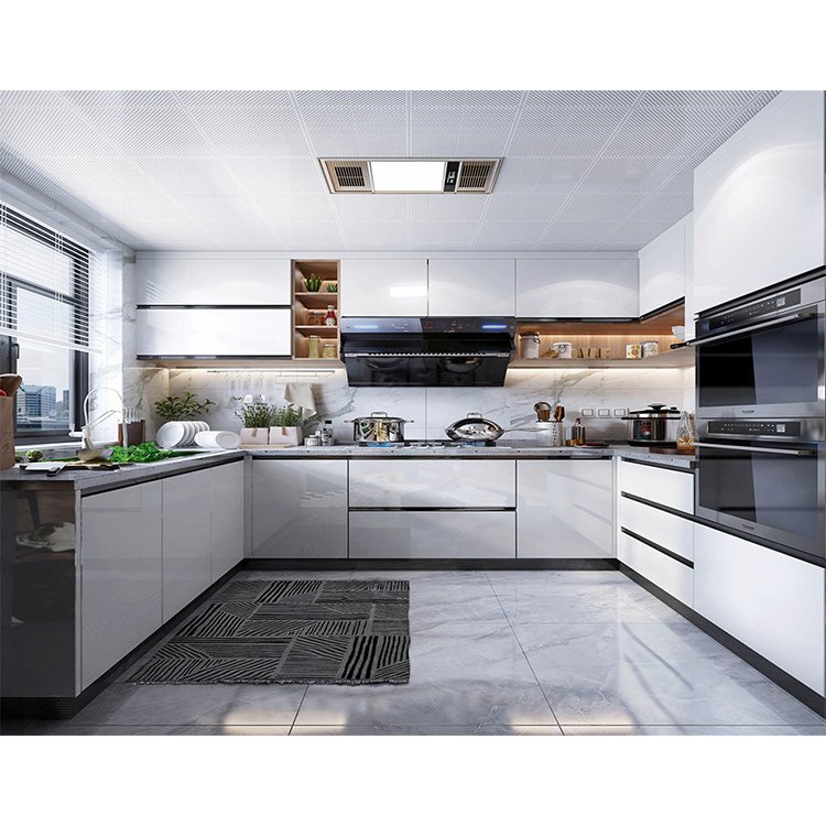 Customised new design flat pack kitchencabinet modern gray color glossy laminated plywood wood kitchen cabinet sets for project